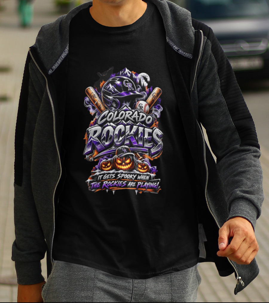 Colorado Rockies Spooky Halloween Baseball Theme With Bats And Pumpkin T-Shirt