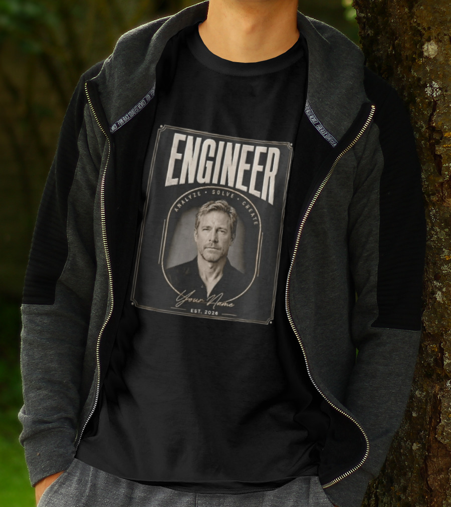 Engineer Analyze Solve Create Portrait Your Name Est 2026 Man Arch Gold Frame T-Shirt