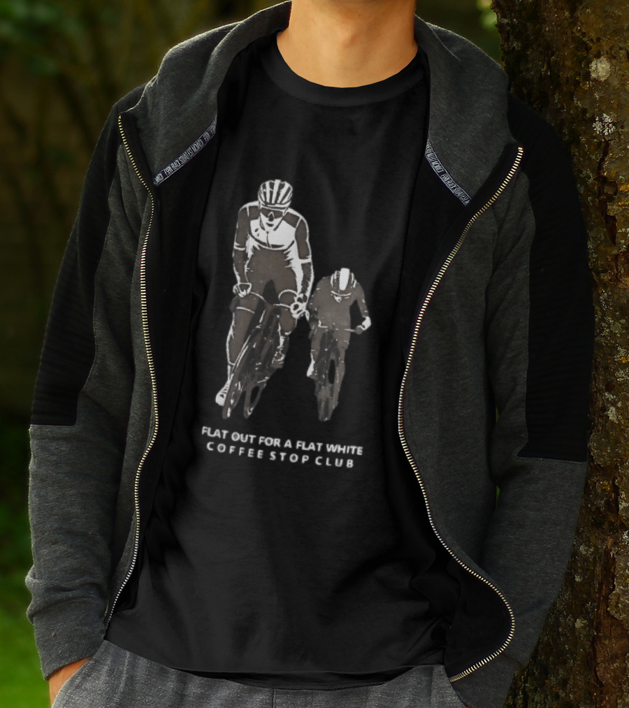 Flat Out For A Flat White Coffee Stop Club Two Road Cyclists Riding Bicycles Black T-Shirt