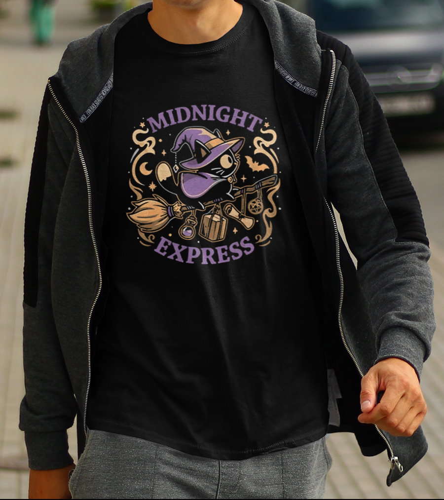 Midnight Express Witchy Cat Magic Broom Halloween T-Shirt