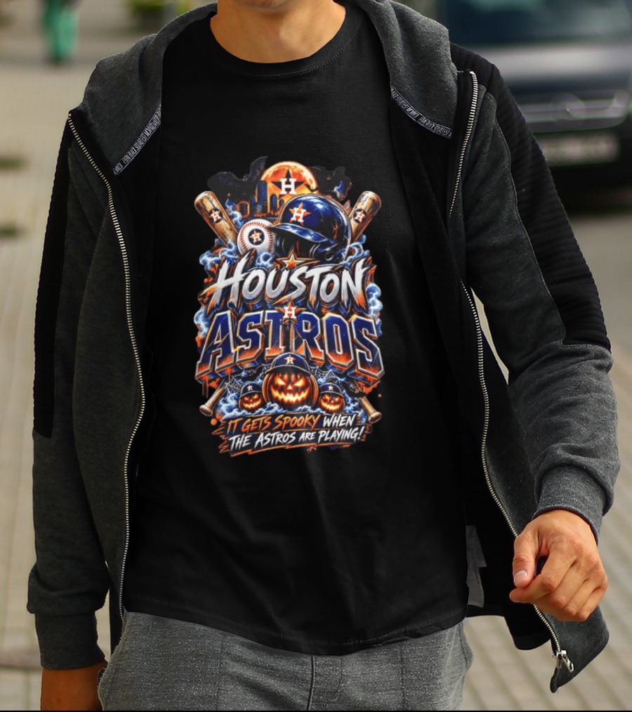 Houston Astros Halloween Spooky Theme With Pumpkins And Bats T-Shirt