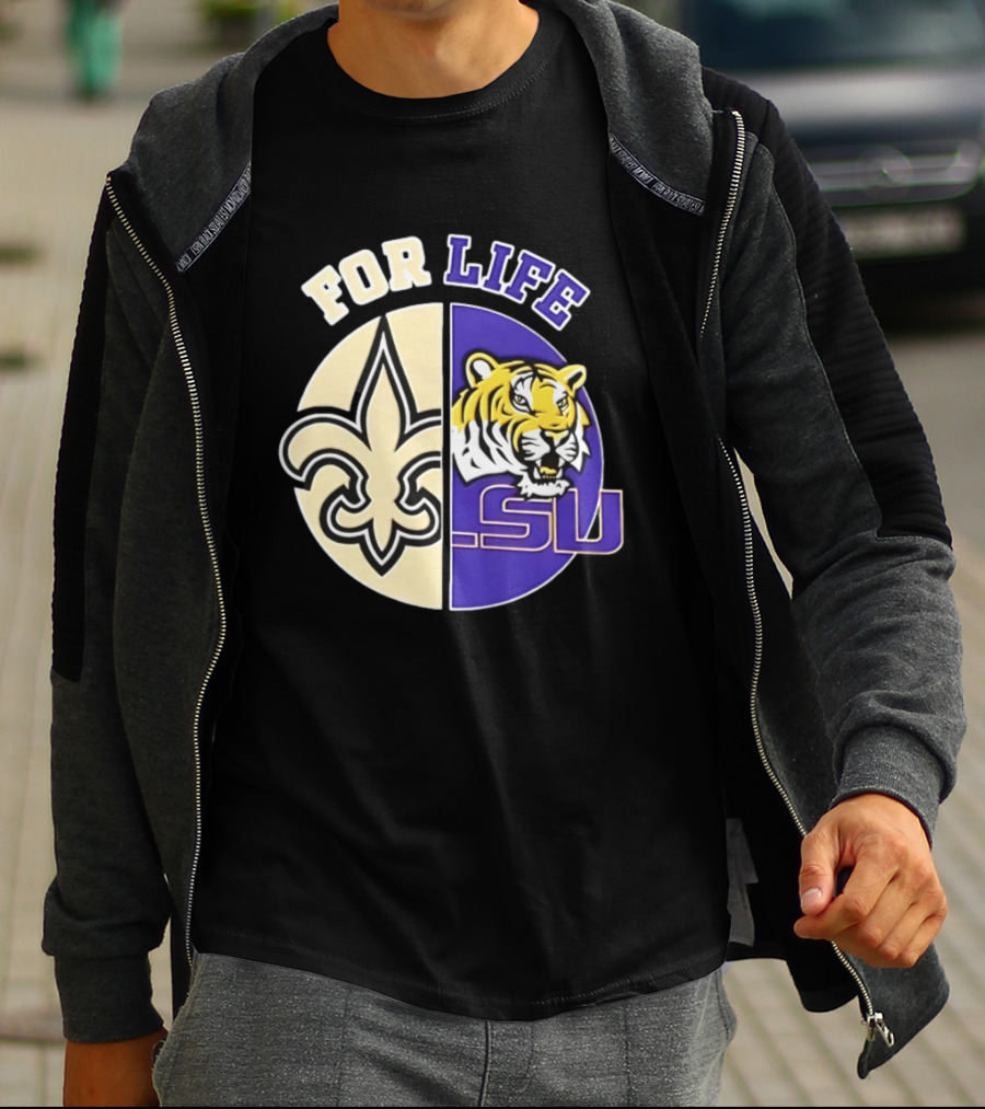New Orleans Saints LSU Tigers For Life Logo Tiger Fleur De Lis T-Shirt