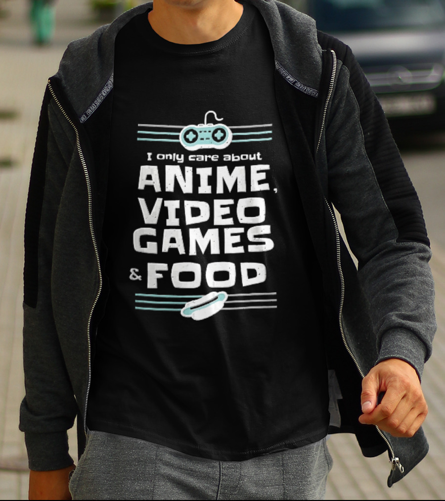 I Only Care About Anime Video Games Food Gamepad Hotdog Distressed Line T-Shirt