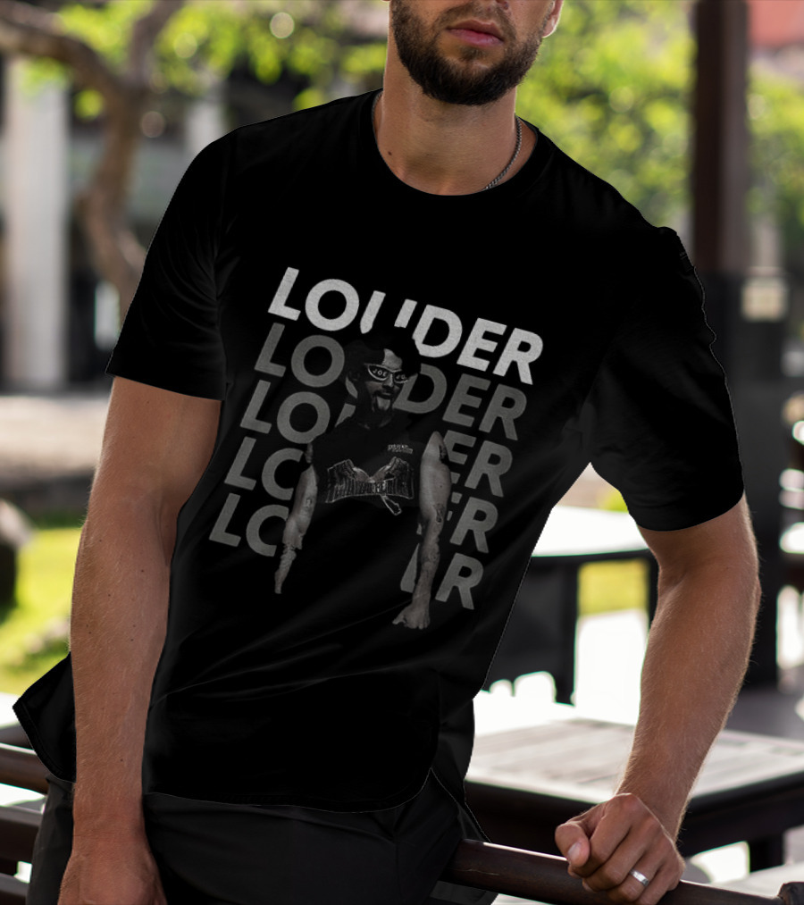 Joe Jonas Louder Graphic With Repeated Text And Guitar T-Shirt