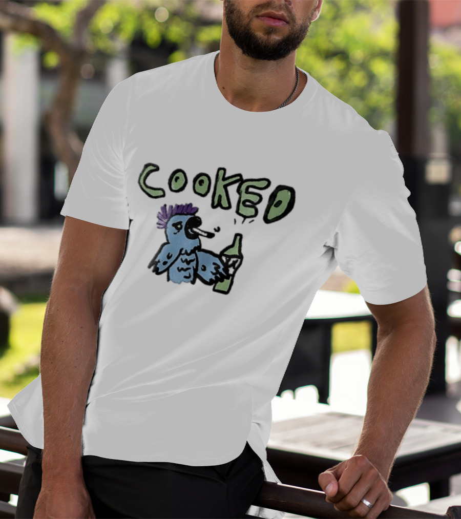 Cooked Cartoon Blue Parrot Smoking Cigarette Holding Alcohol Bottle T-Shirt