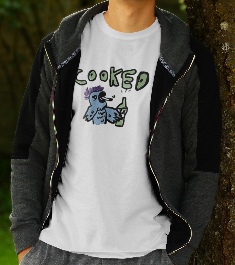 Cooked Cartoon Blue Parrot Smoking Cigarette Holding Alcohol Bottle T-Shirt