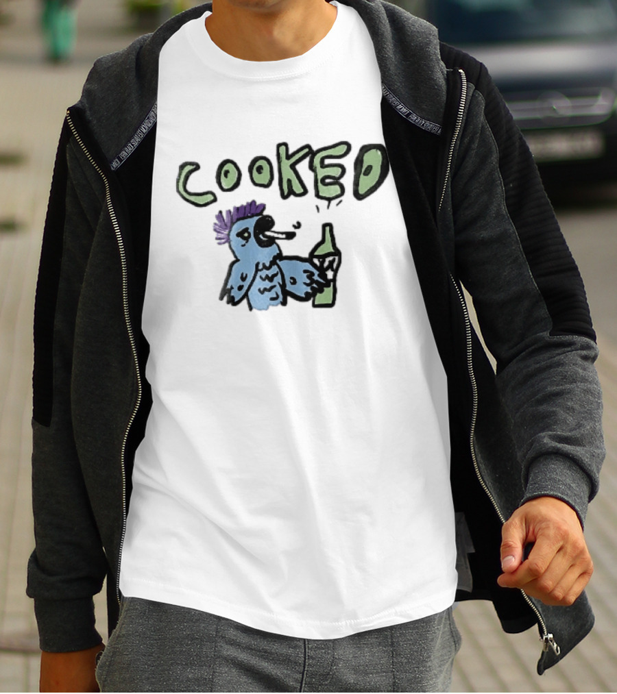 Cooked Cartoon Blue Parrot Smoking Cigarette Holding Alcohol Bottle T-Shirt