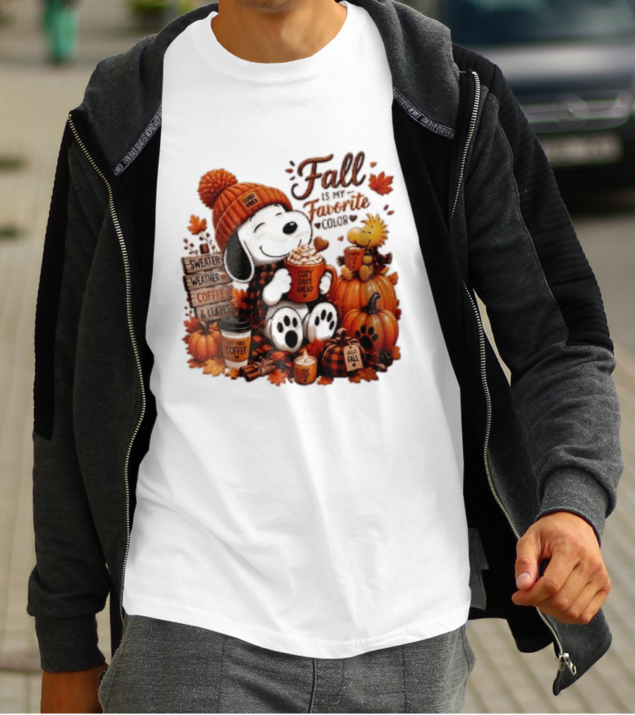 Fall Is My Favorite Color Sweater Weather Coffee Leaves Cozy Days Cartoon Dog Bird Pumpkins T-Shirt