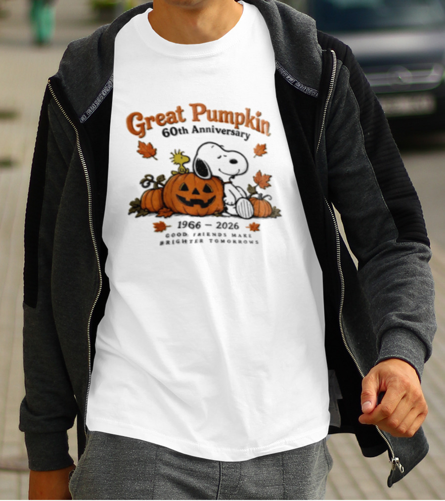Great Pumpkin 60th Anniversary 1966 2026 Snoopy Woodstock Peanuts Good Friends Make Brighter Tomorrows T-Shirt