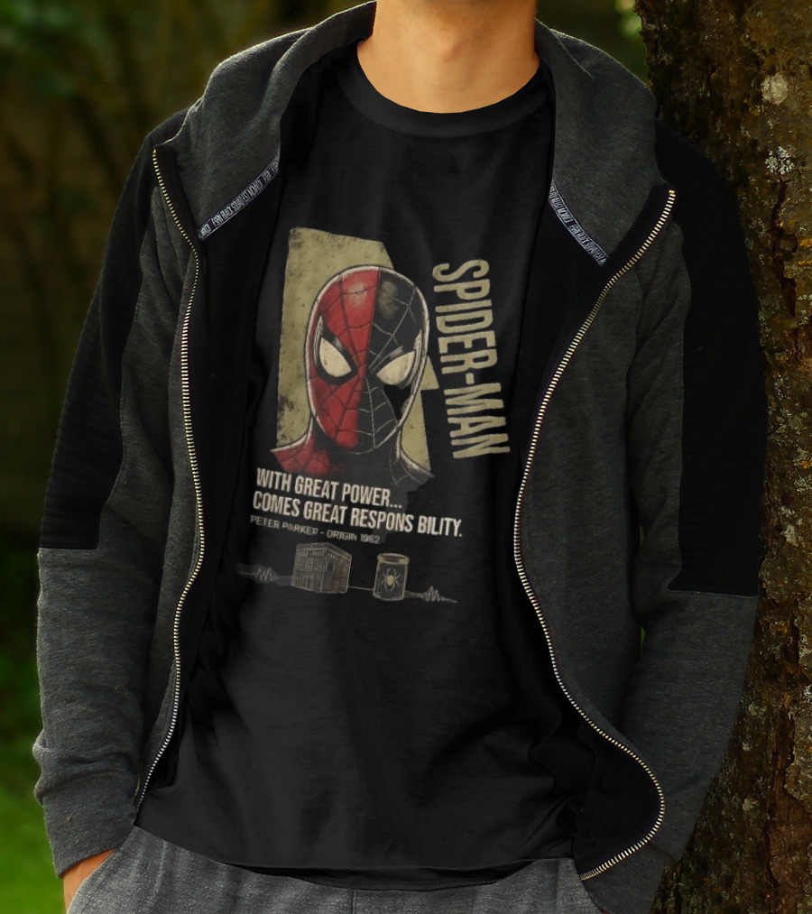 Spider Man With Great Power Comes Great Responsibility Peter Parker Origin 1962 Split Mask T-Shirt