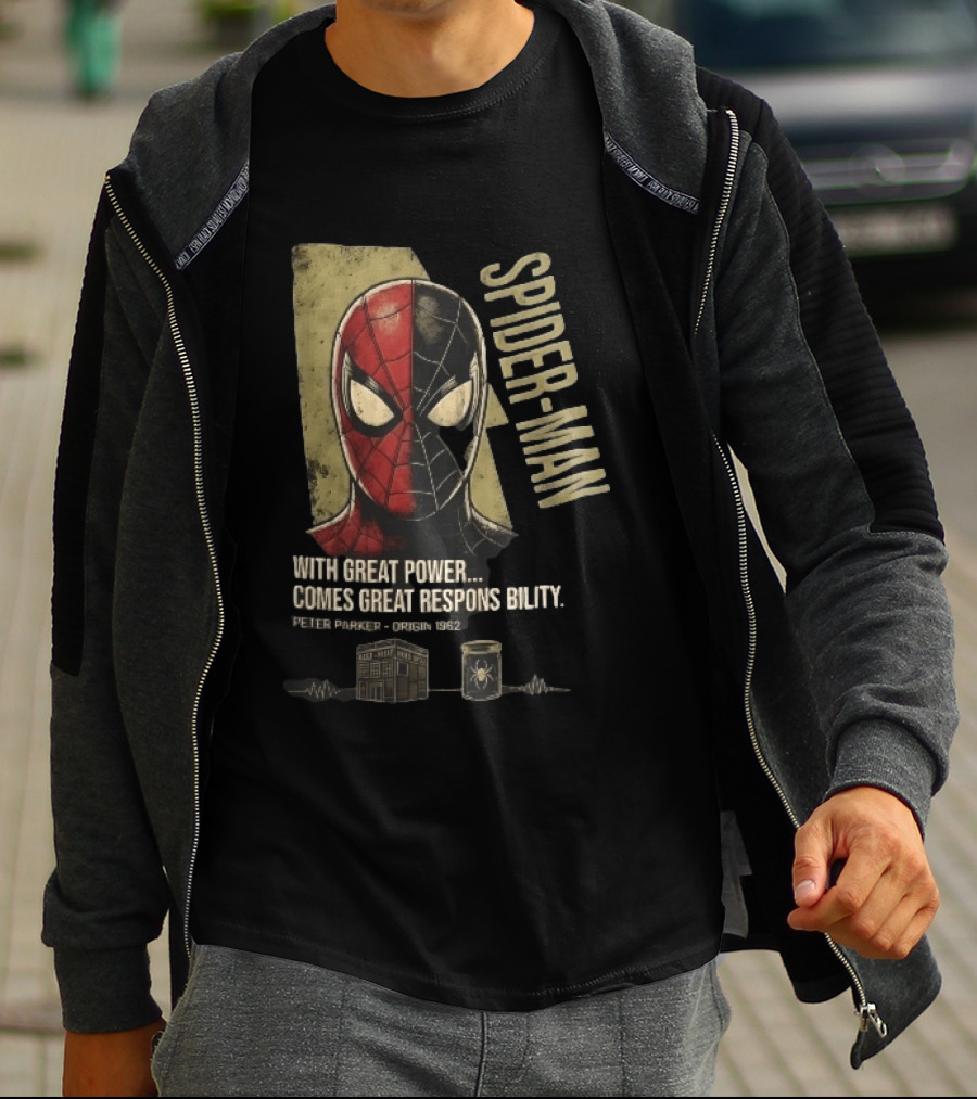 Spider Man With Great Power Comes Great Responsibility Peter Parker Origin 1962 Split Mask T-Shirt