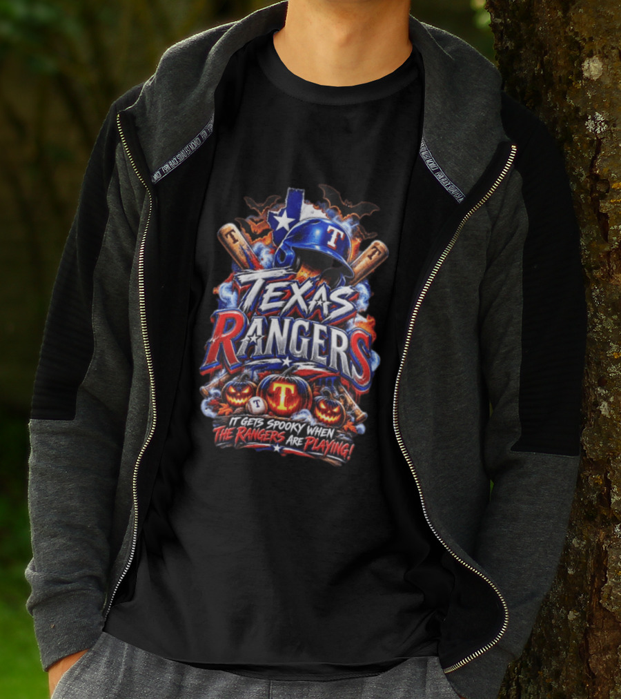 Texas Rangers Spooky Halloween Baseball Bats And Pumpkins T-Shirt