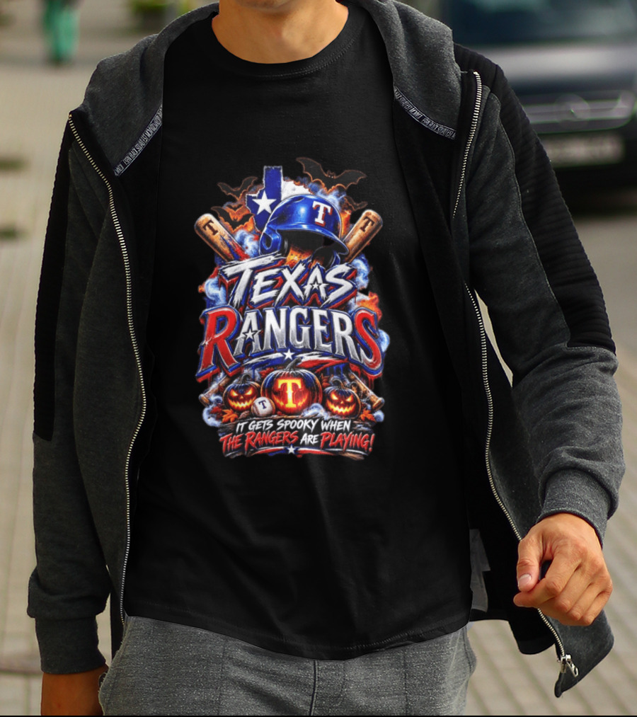 Texas Rangers Spooky Halloween Baseball Bats And Pumpkins T-Shirt