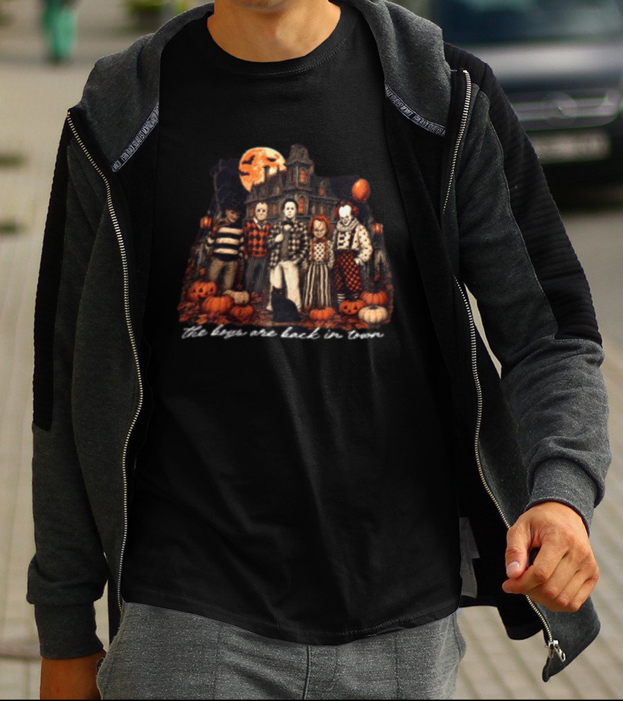 The Boys Are Back In Town Halloween Horror Characters Haunted House T-Shirt