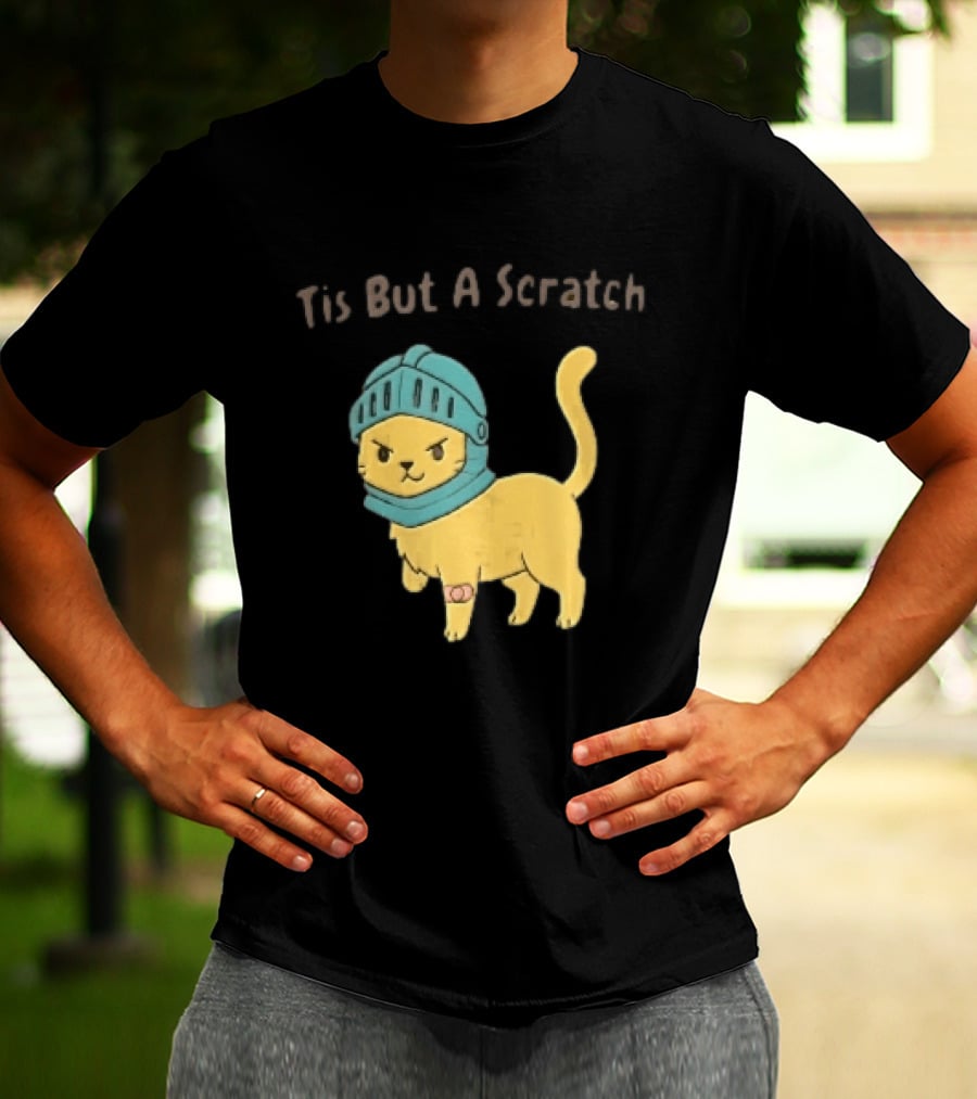 Tis But A Scratch Cartoon Cat Knight Helmet Bandage T-Shirt