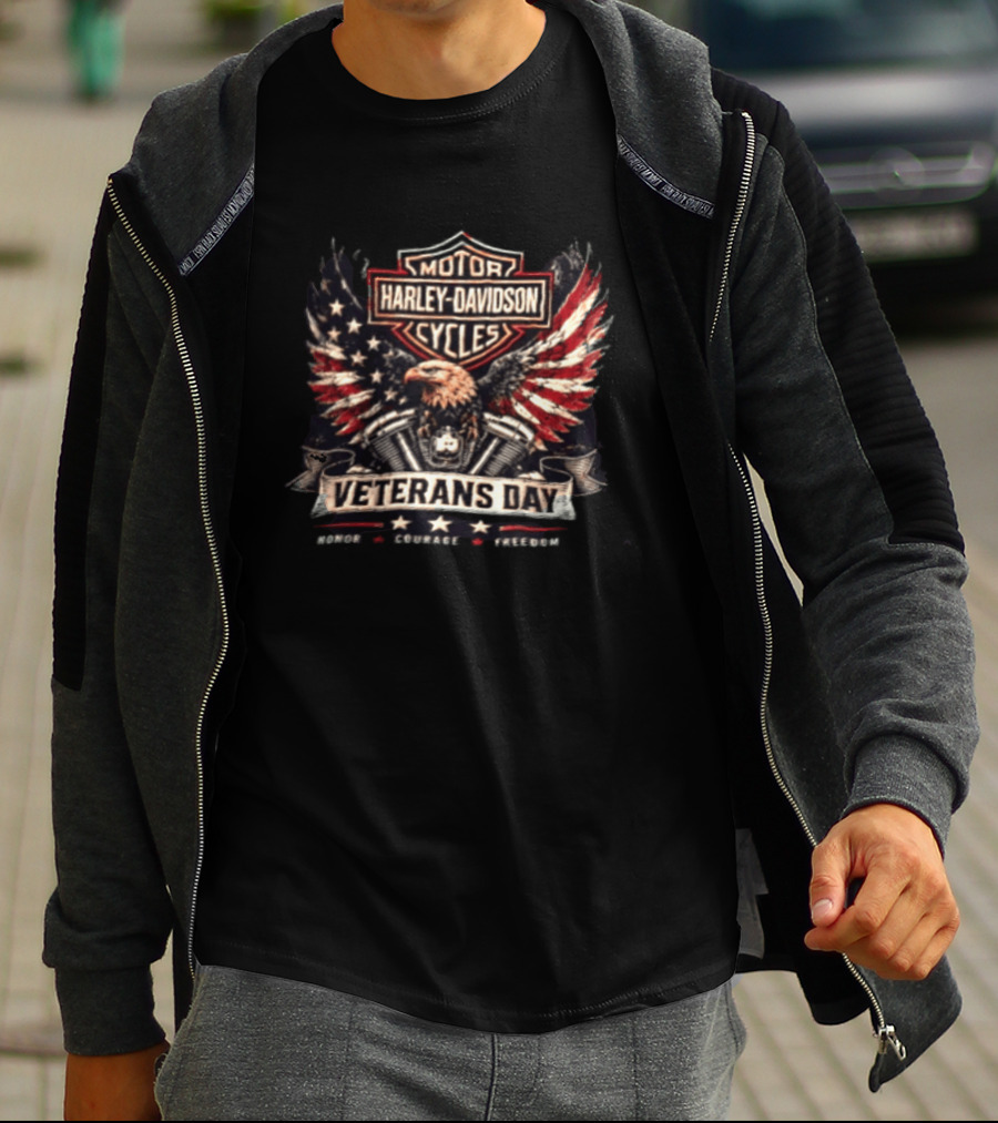 Veterans Day Harley Davidson Motor Cycles Honor Courage Freedom Eagle Wings T-Shirt