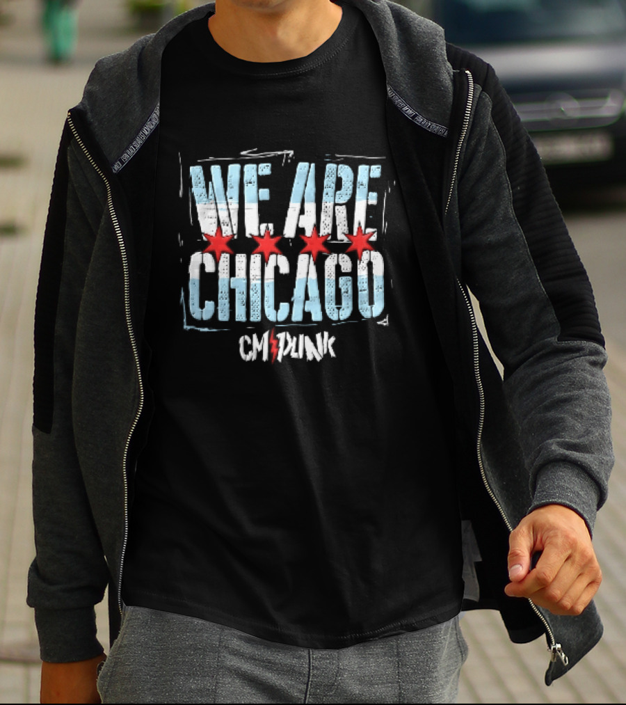 We Are Chicago CM Punk Four Red Stars Light Blue Stripes Distressed T-Shirt