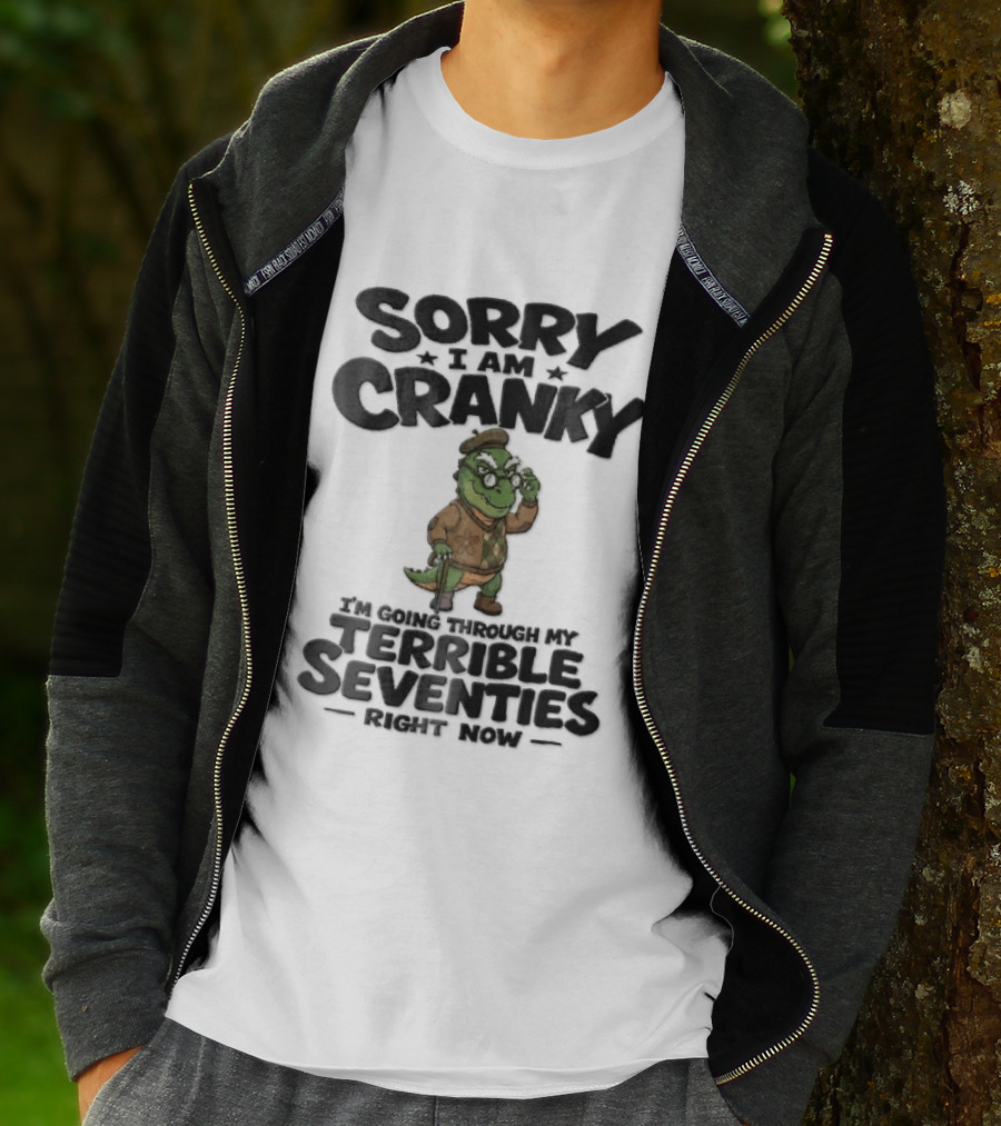 Sorry I Am Cranky Terrible Seventies Cartoon Elderly Alligator Cane Beret T-Shirt
