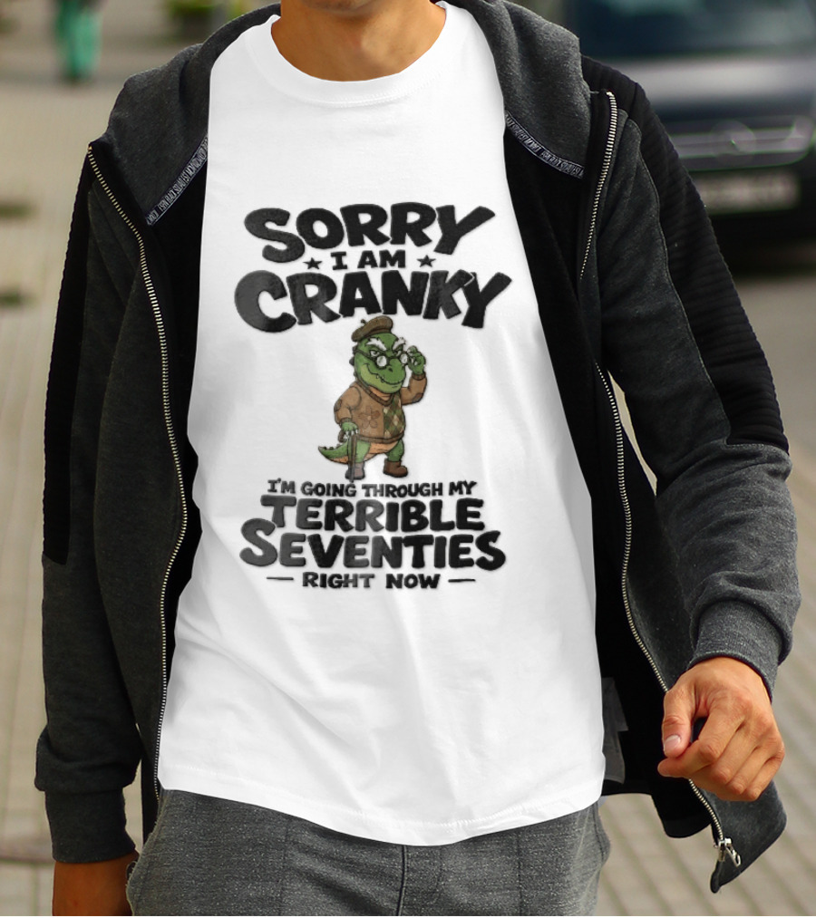 Sorry I Am Cranky Terrible Seventies Cartoon Elderly Alligator Cane Beret T-Shirt