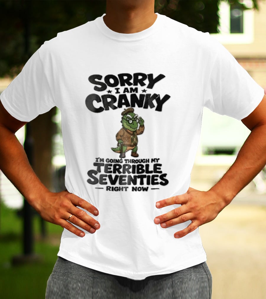 Sorry I Am Cranky Terrible Seventies Cartoon Elderly Alligator Cane Beret T-Shirt