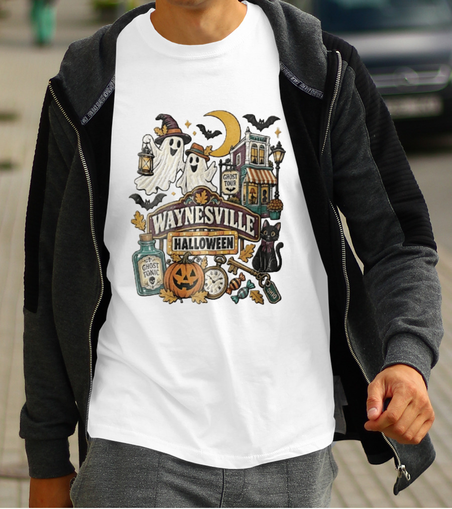 Waynesville Halloween Ghost Tour Ohio Cartoon Pumpkin Black Cat Crescent Moon Ghost Tonic Key T-Shirt