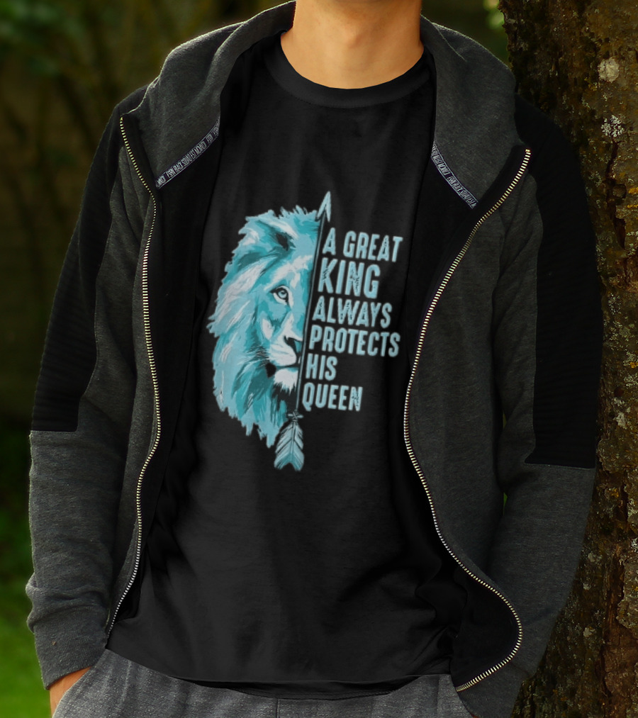 A Great King Always Protects His Queen Cyan Lion Vertical Feathers T-Shirt