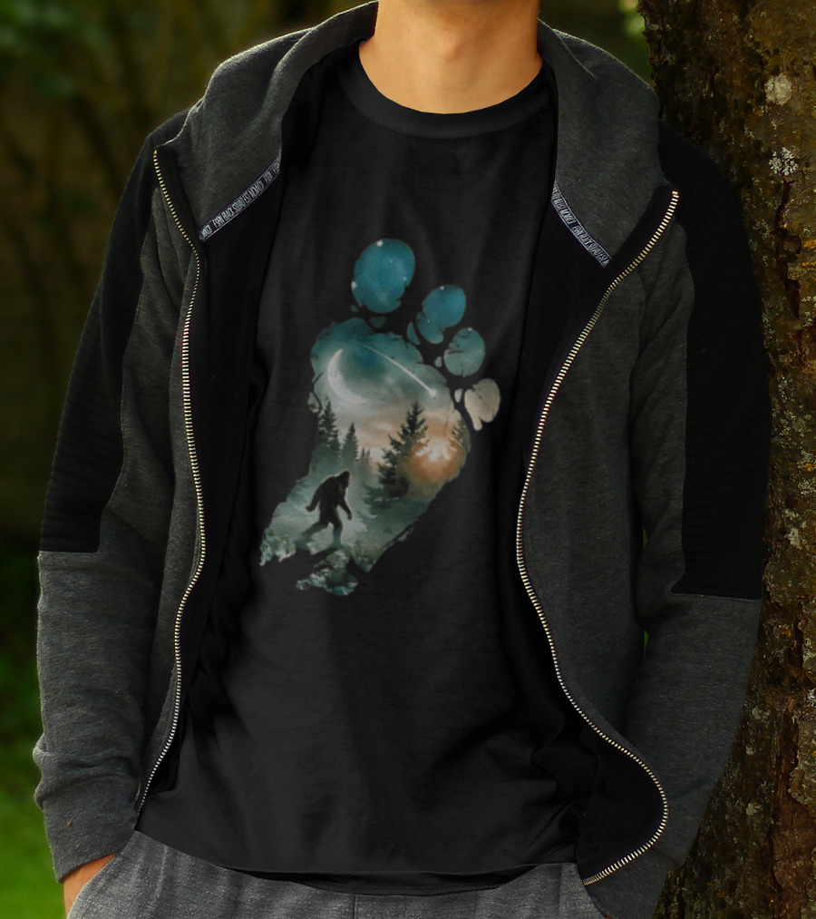 Bigfoot Footprint Moon Mountain Trees Forest Sasquatch Night Scene T-Shirt