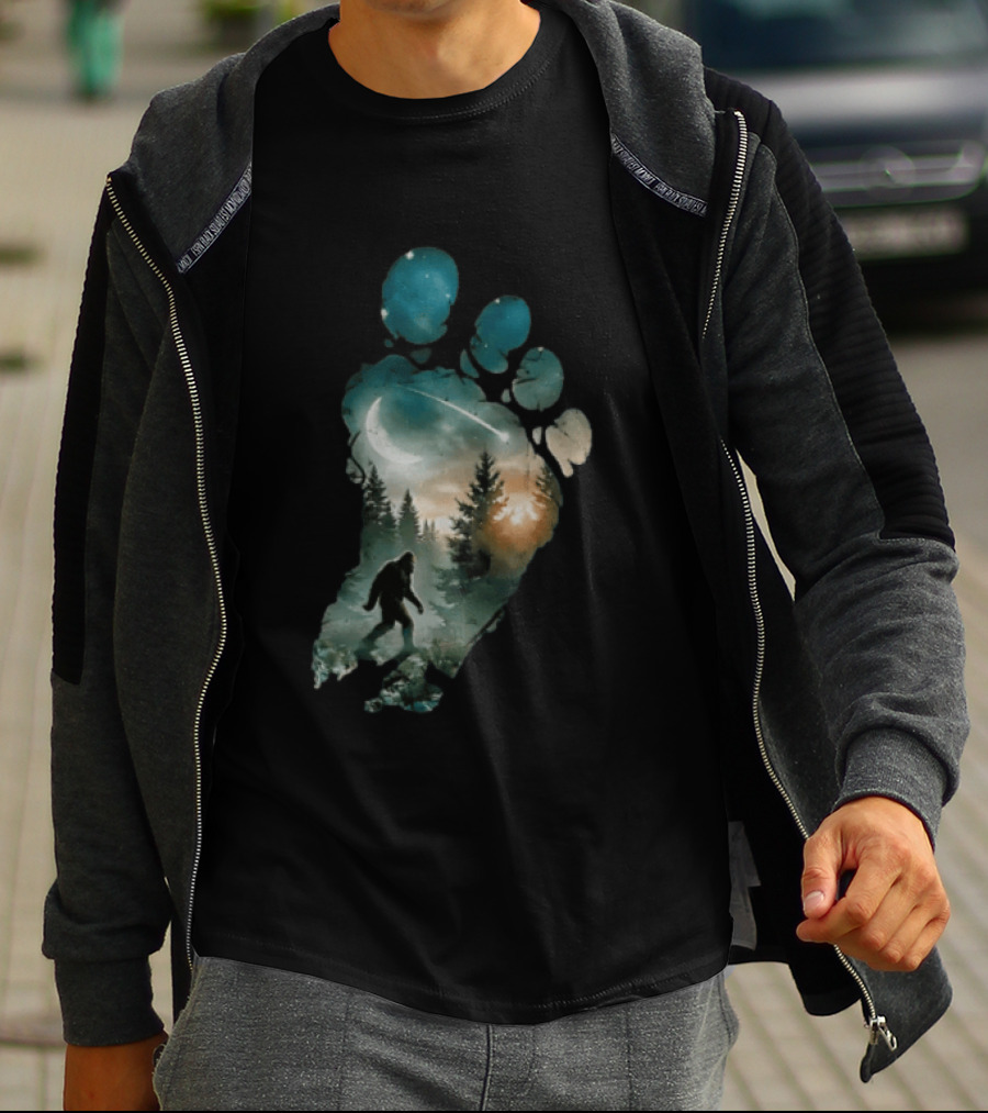 Bigfoot Footprint Moon Mountain Trees Forest Sasquatch Night Scene T-Shirt