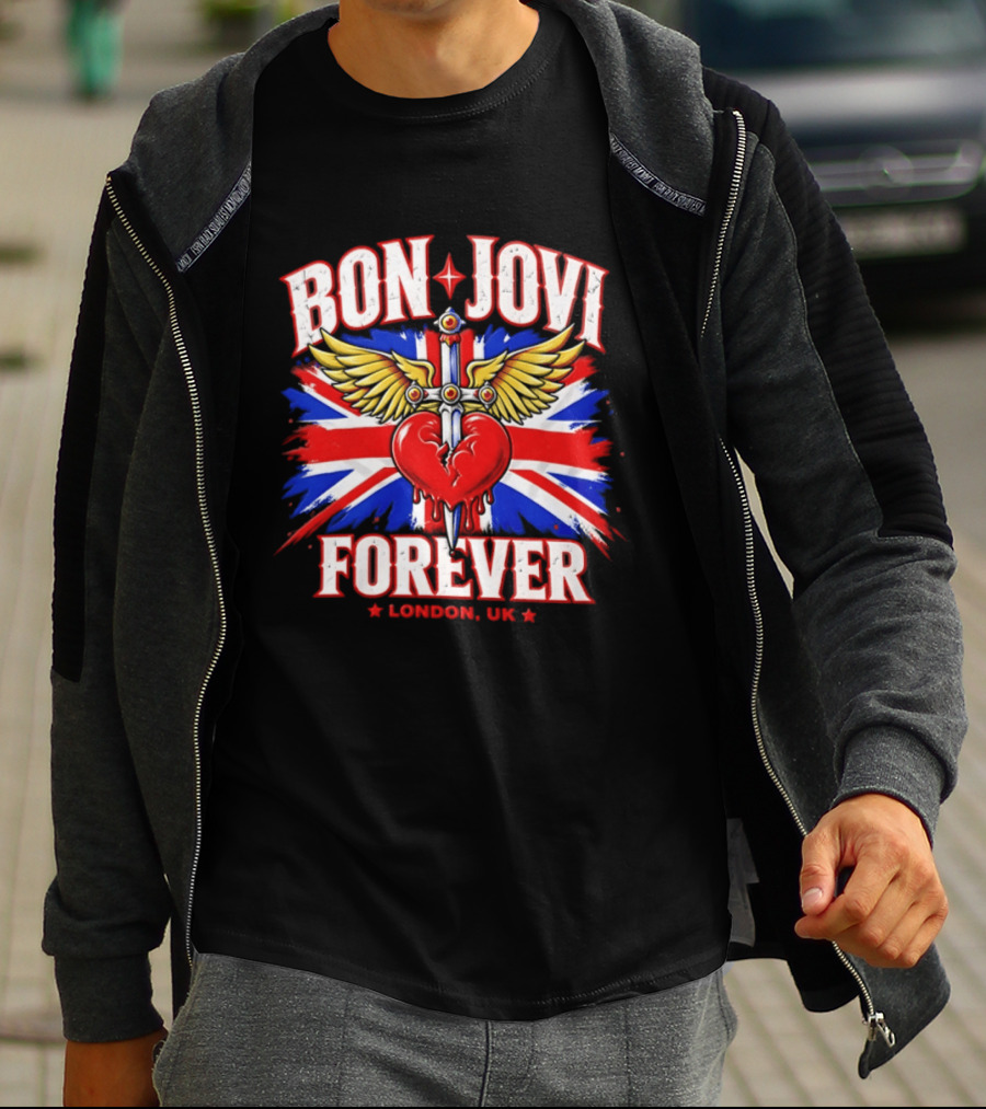 Bon Jovi Forever London UK Tour Union Jack Heart And Dagger Wings T-Shirt