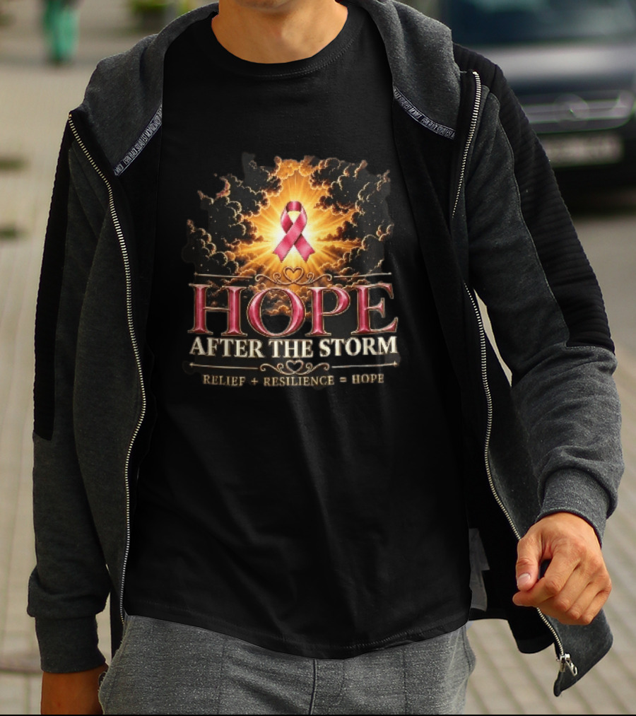 Hope After The Storm Relief Resilience Pink Breast Cancer Ribbon Clouds Sunburst Rays T-Shirt