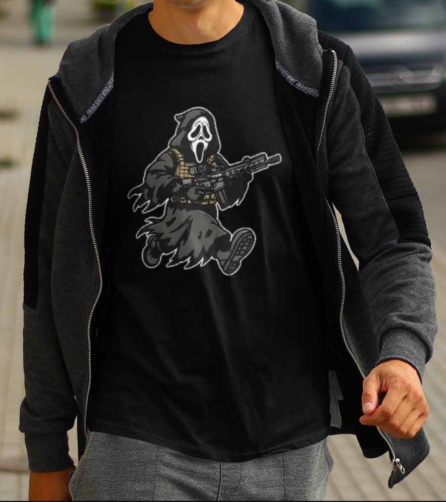Cartoon Hooded Tactical Ghost Mask Running Assault Rifle T-Shirt