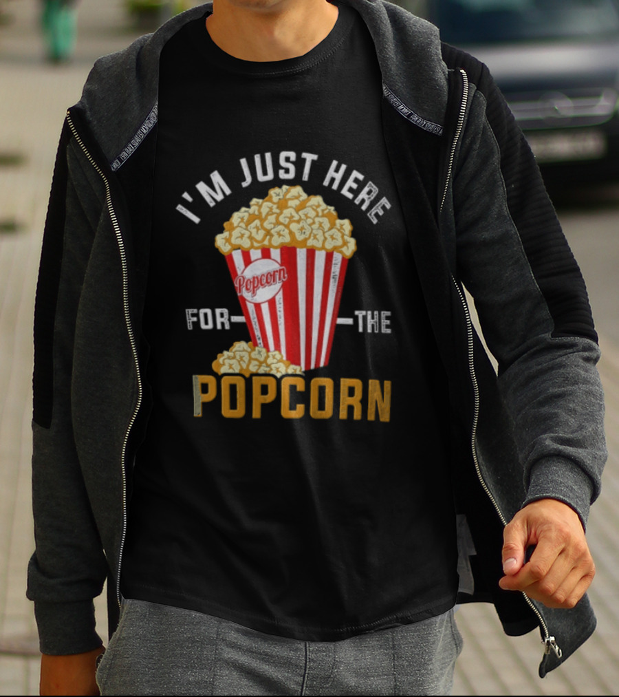 I'm Just Here For The Popcorn Red And White Striped Box T-Shirt