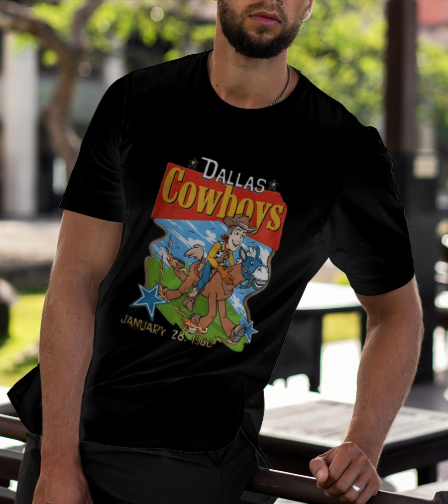 Dallas Cowboys Woody Riding Toy Horse Flames Stars January 28 1960 T-Shirt