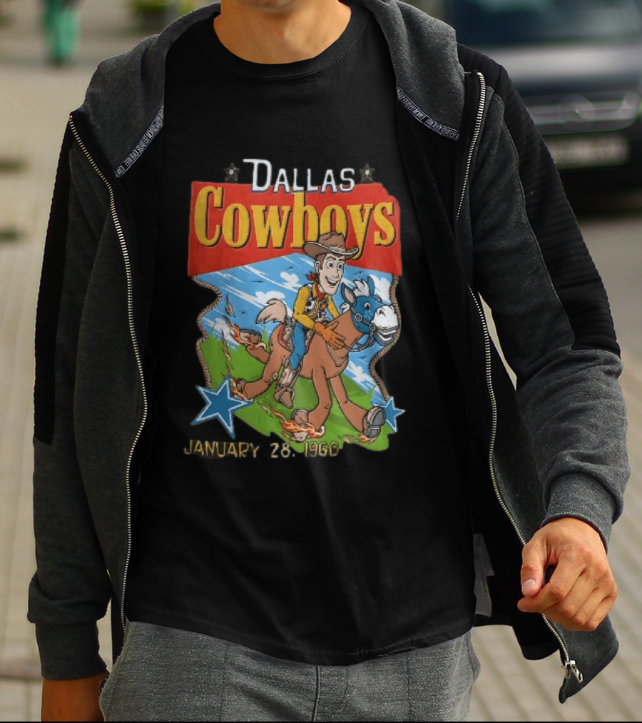 Dallas Cowboys Woody Riding Toy Horse Flames Stars January 28 1960 T-Shirt
