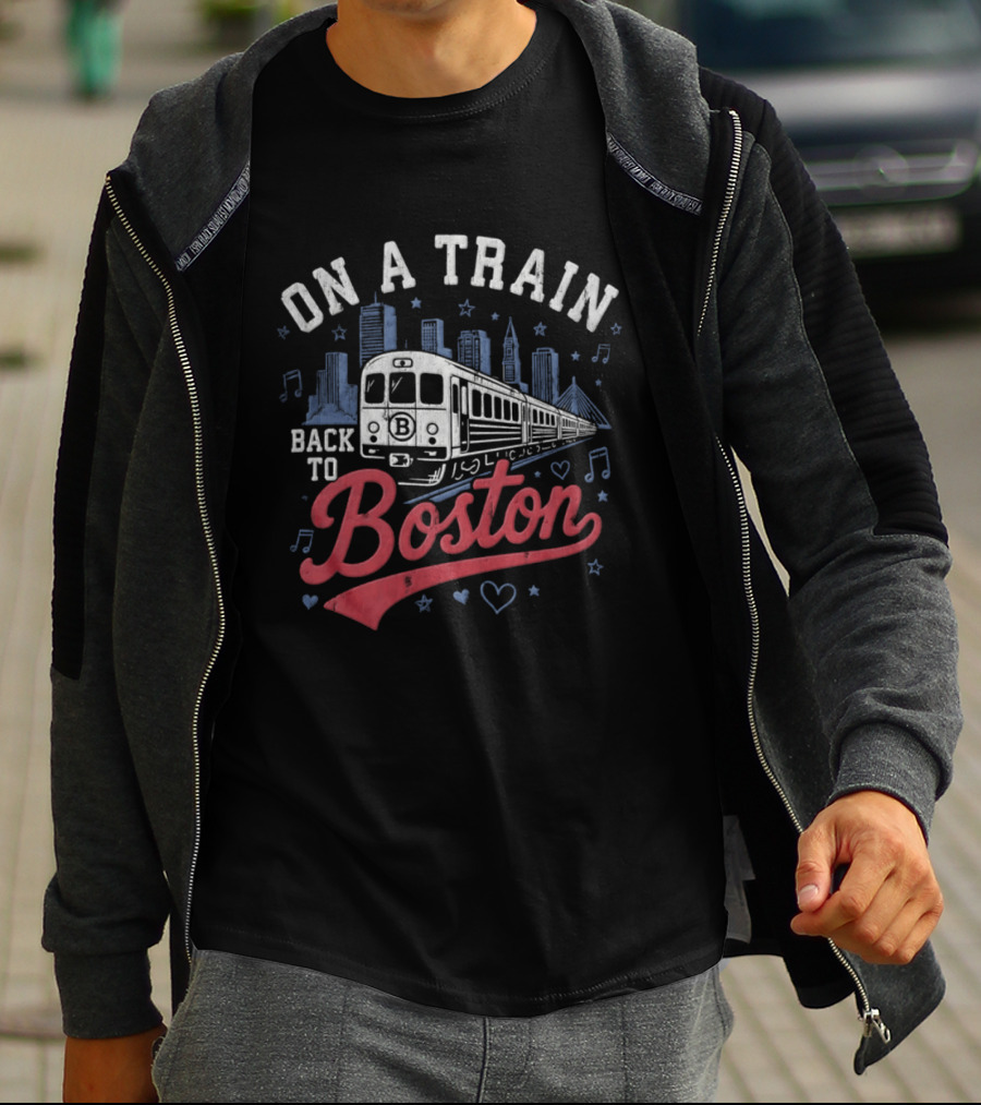 On A Train Back To Boston City Skyline With Musical Notes And Hearts T-Shirt