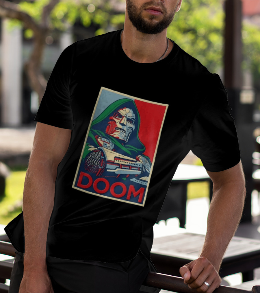 Doom Supervillain Mask Hooded Armored Gauntlets Red Blue T-Shirt