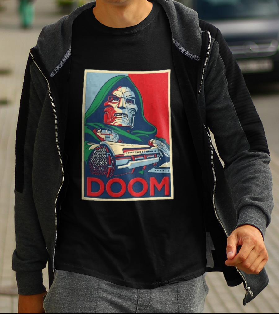 Doom Supervillain Mask Hooded Armored Gauntlets Red Blue T-Shirt