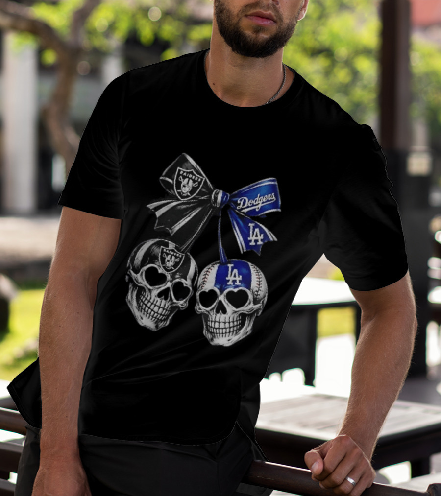 Las Vegas Raiders Los Angeles Dodgers MLB Skulls Cherry Heart Eye Sockets Bow Ribbon T-Shirt