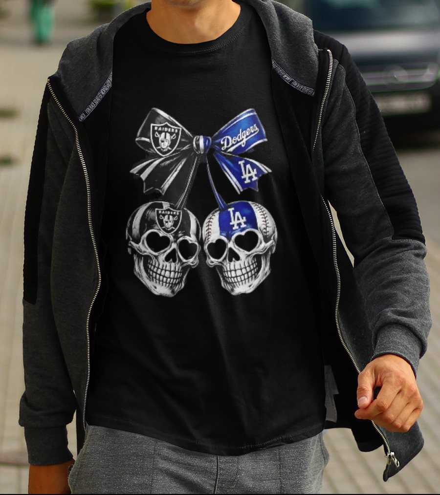Las Vegas Raiders Los Angeles Dodgers MLB Skulls Cherry Heart Eye Sockets Bow Ribbon T-Shirt