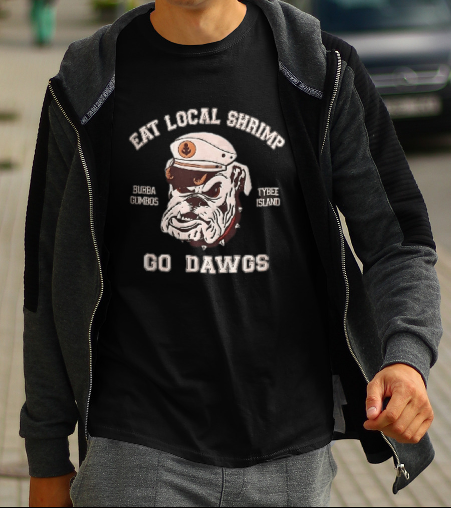 Eat Local Shrimp Bubba Gumbos Tybee Island Go Dawgs Captain Hat Spiked Collar T-Shirt