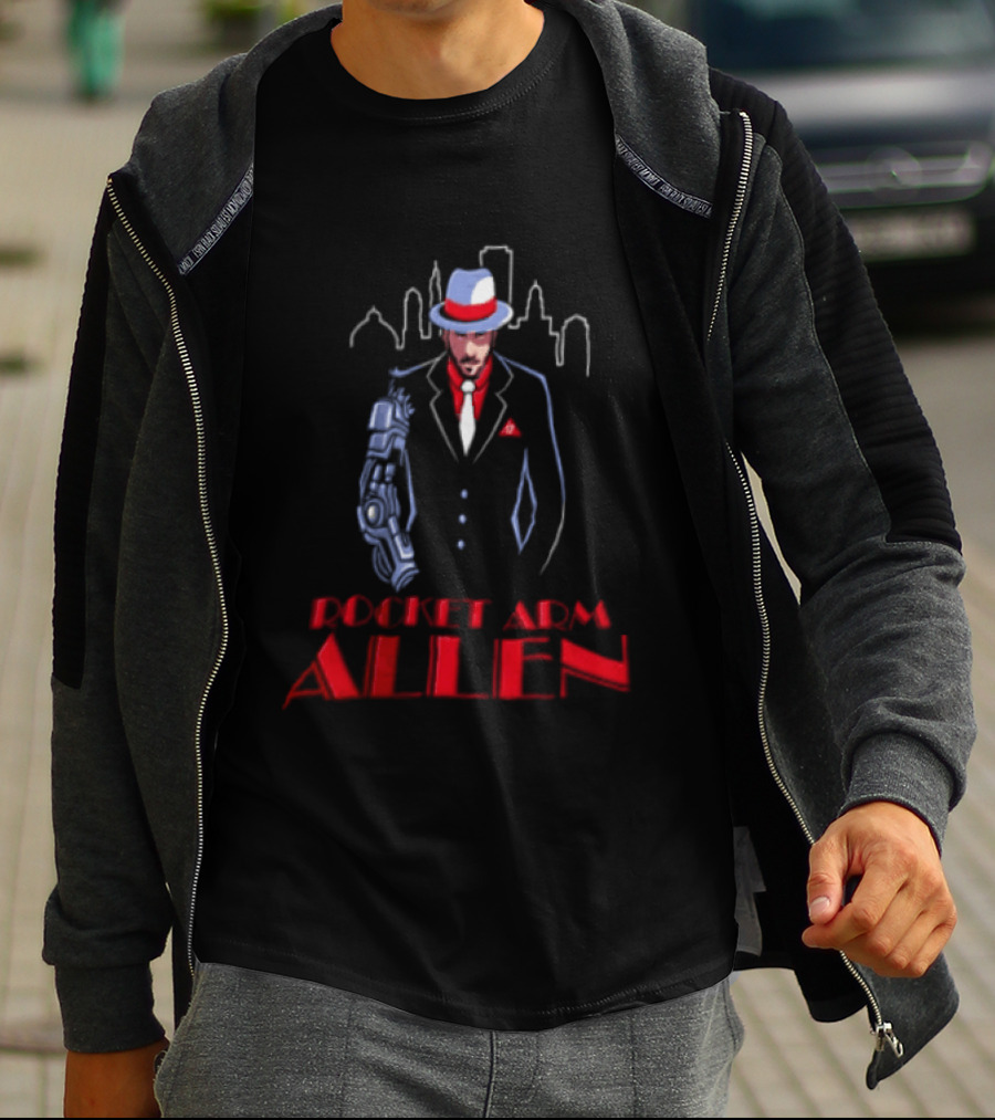 Rocket Arm Allen Man In Suit With Cybernetic Arm City Skyline T-Shirt