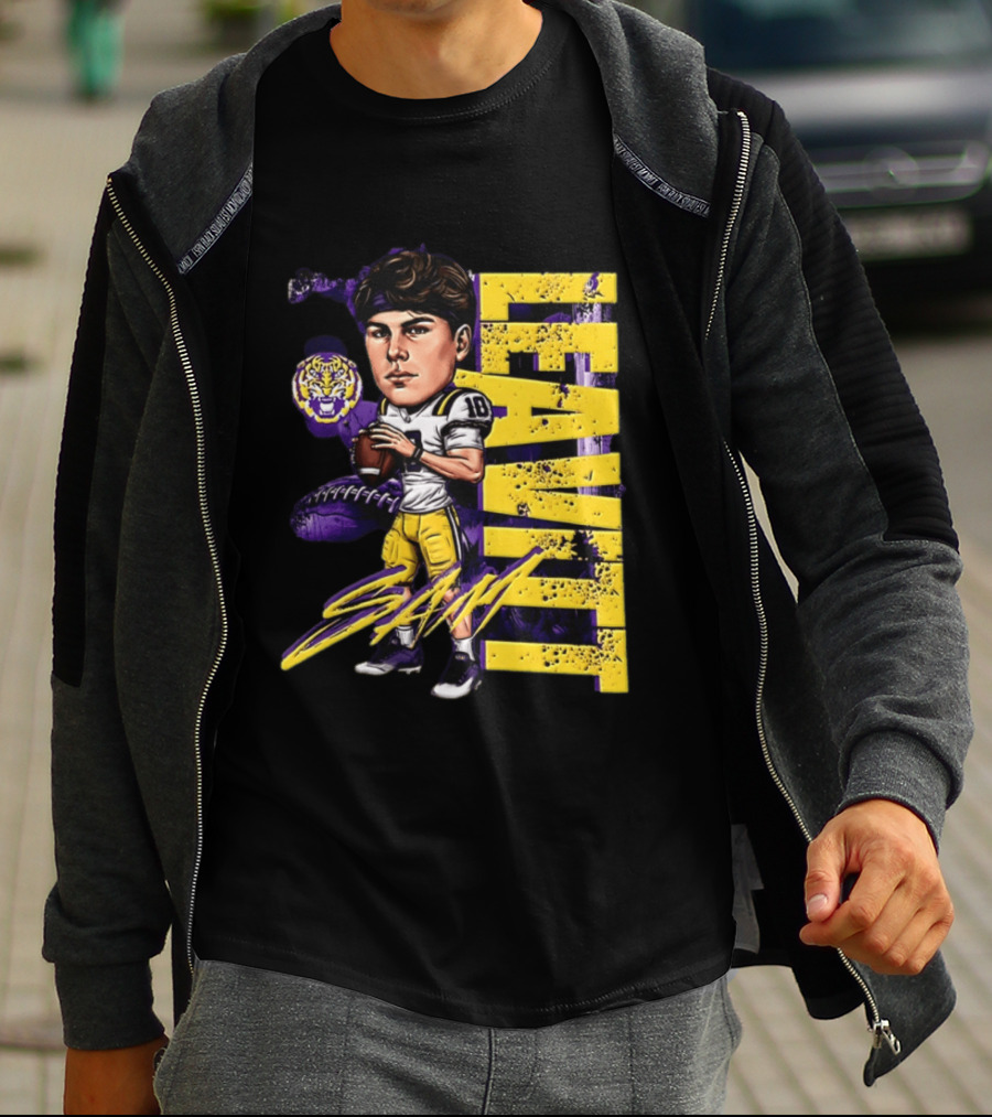 Sam Levis LSU Tigers Football Player Caricature Leavitt 18 Signature T-Shirt