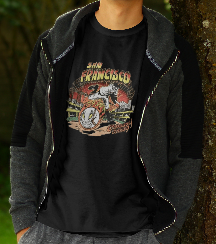 San Francisco Giants Skeleton Pitcher Flaming Baseball Golden Gate Bridge Carraway Clothing T-Shirt