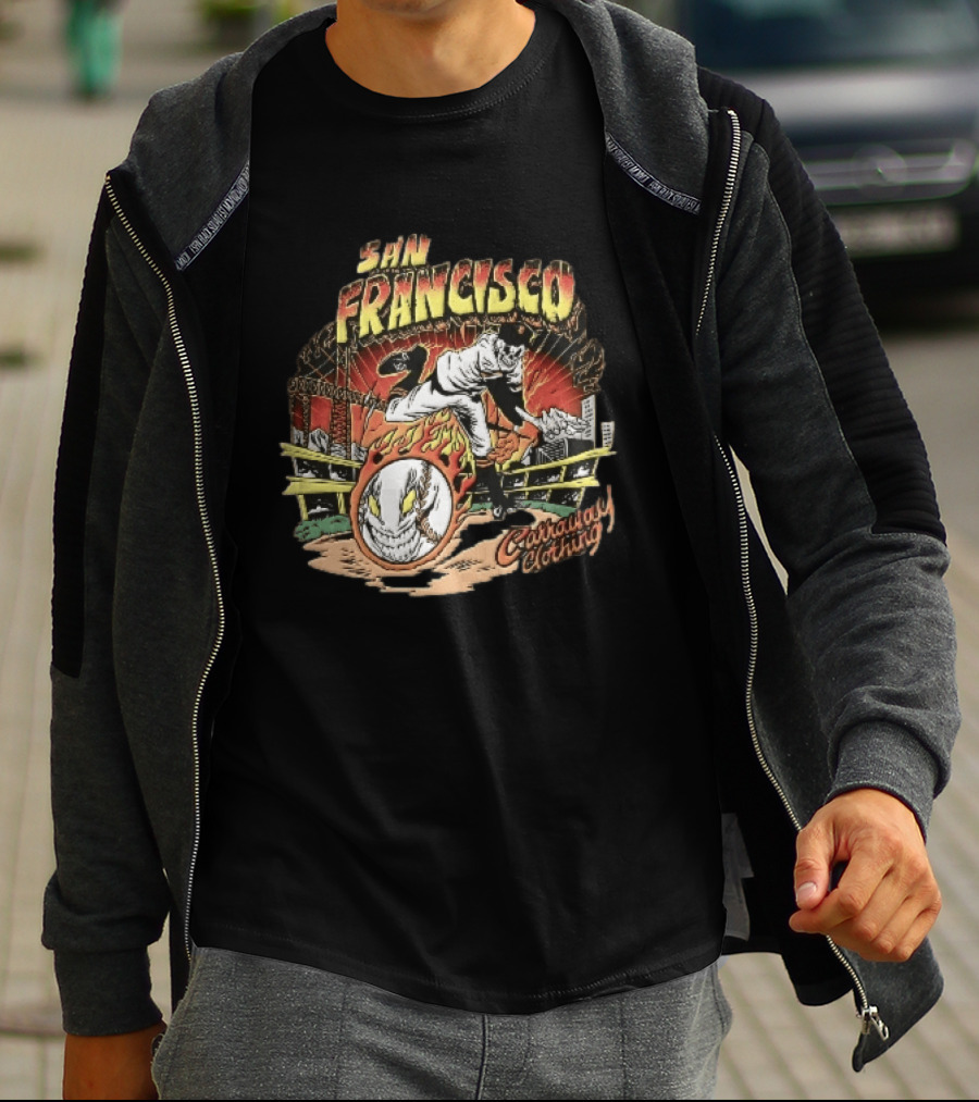 San Francisco Giants Skeleton Pitcher Flaming Baseball Golden Gate Bridge Carraway Clothing T-Shirt