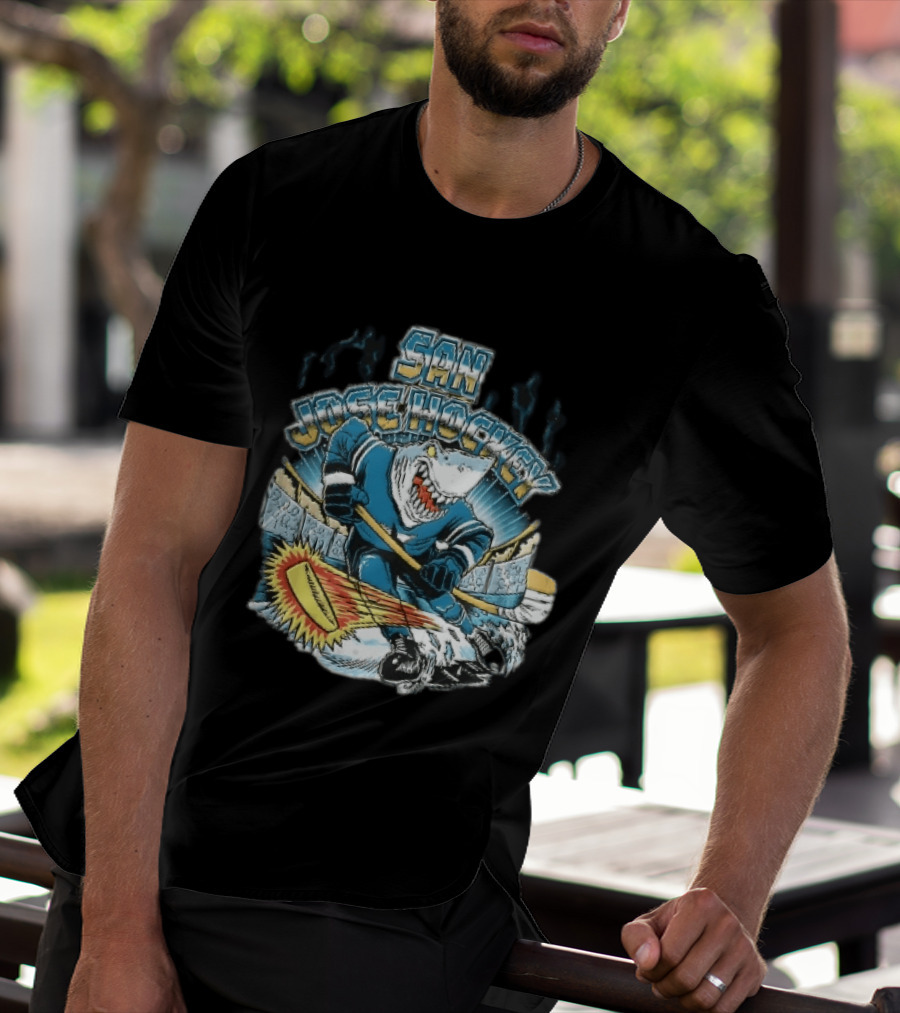 San Jose Hockey Cartoon Skating Shark Flaming Puck Ice Rink T-Shirt