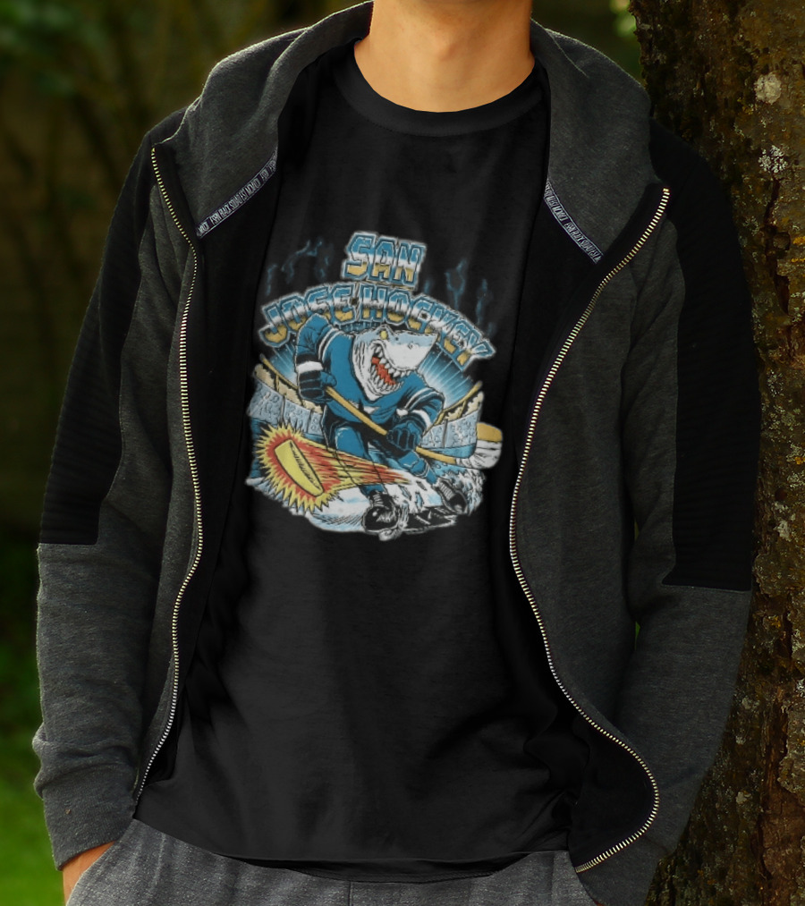 San Jose Hockey Cartoon Skating Shark Flaming Puck Ice Rink T-Shirt