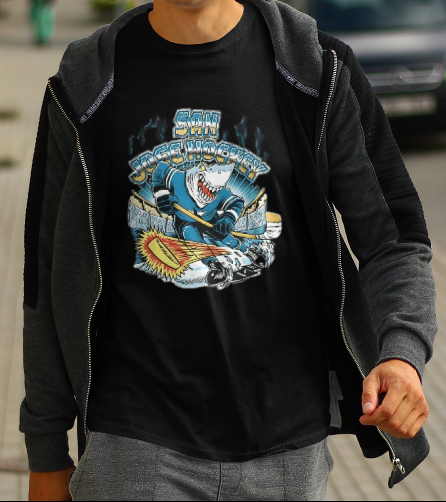 San Jose Hockey Cartoon Skating Shark Flaming Puck Ice Rink T-Shirt