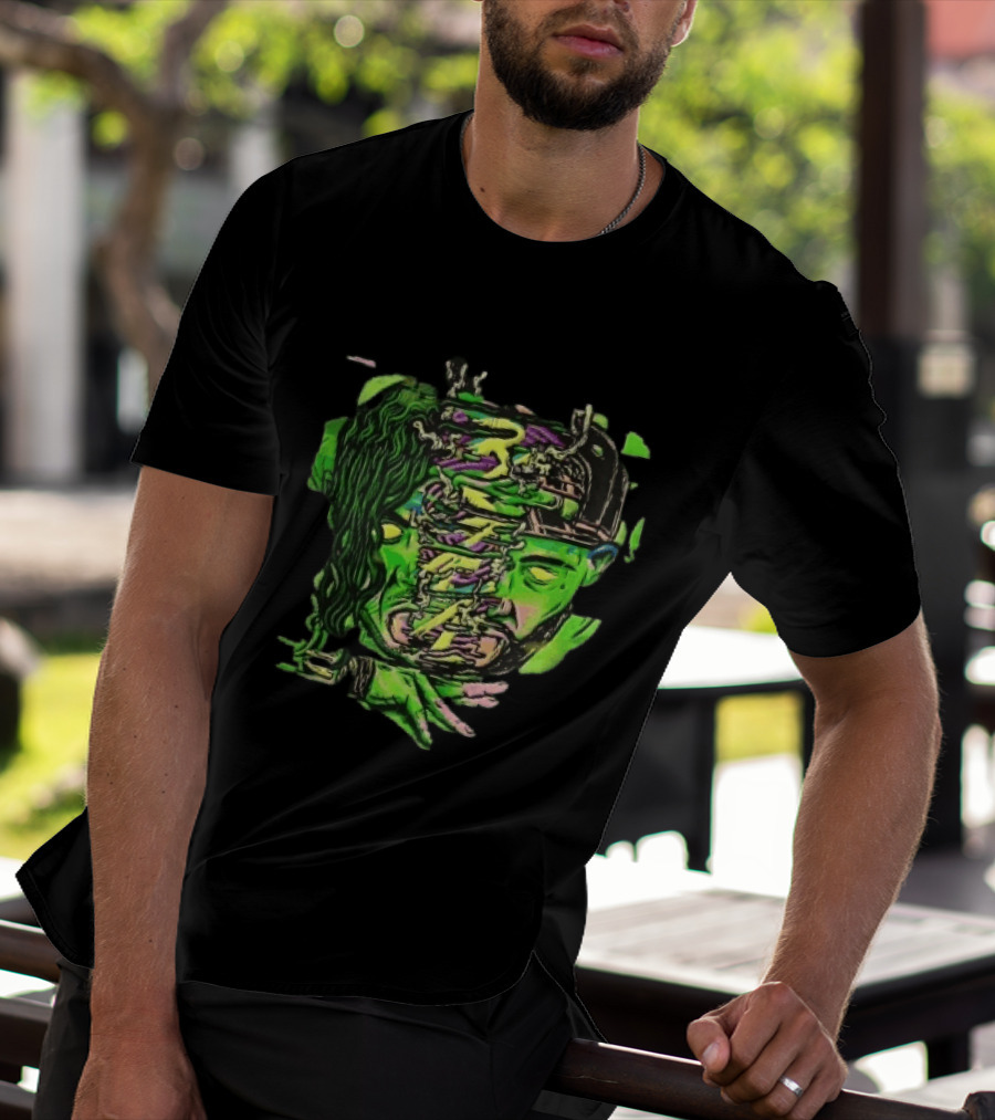 Split Green Head Glowing Yellow Eyes Neon Cartoon Halftone T-Shirt