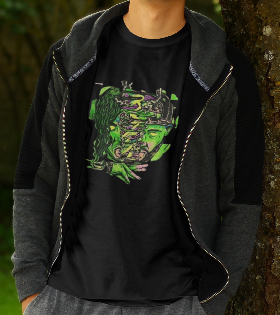 Split Green Head Glowing Yellow Eyes Neon Cartoon Halftone T-Shirt
