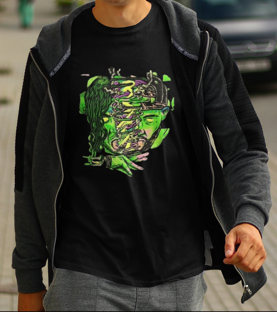 Split Green Head Glowing Yellow Eyes Neon Cartoon Halftone T-Shirt